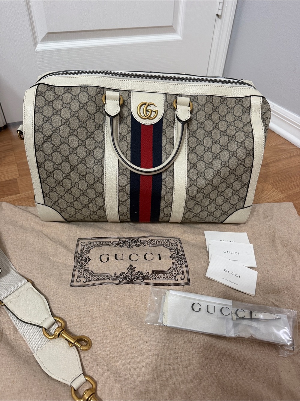 Gucci Beige GG Supreme Canvas Tote with Red and Navy Web and White Leather Trim